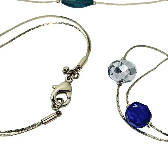 Double Strand Gold Tone Necklace With Cobalt Blue Aqua & Clear Beads (5603) - Picture 6 of 6